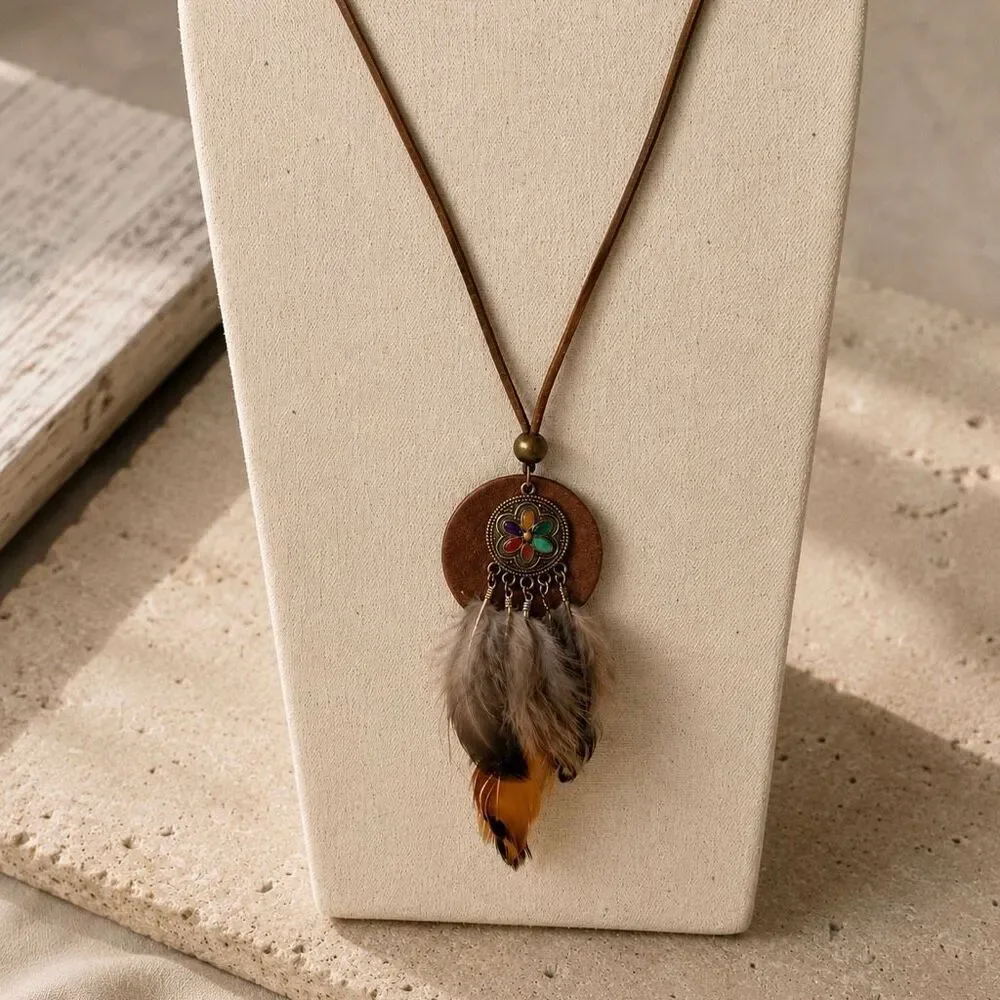 Nomad Wood Enamel Feather Pendant Necklace in Bronze Tone
